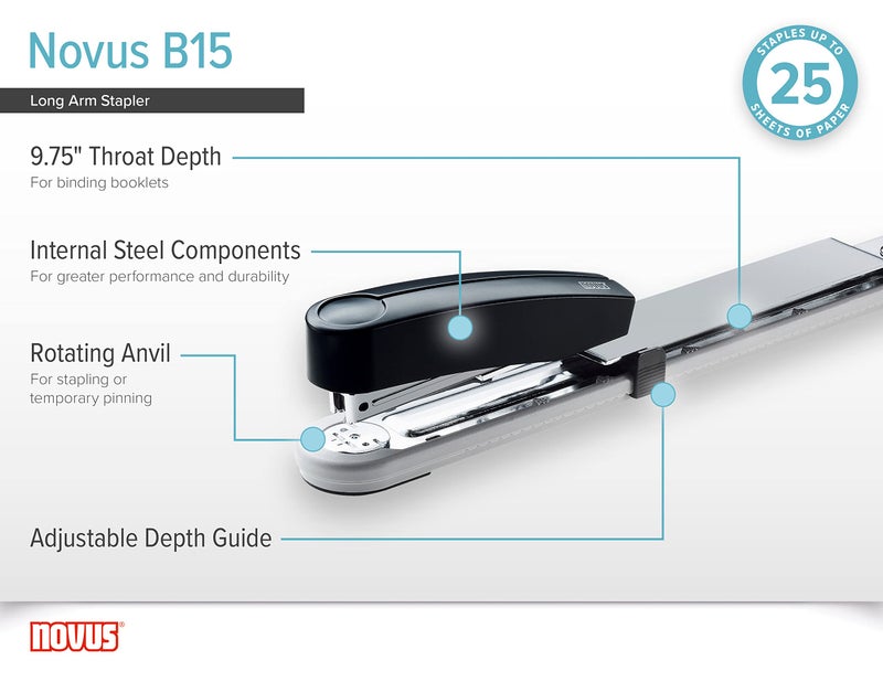 Novus B15 Long Arm Stapler, 9.75"" Staple Depth, 25 Sheet Capacity, German Engineered, Staple | Pin, Steel Drive, 25 Year Warranty (020-1536) - Image 5